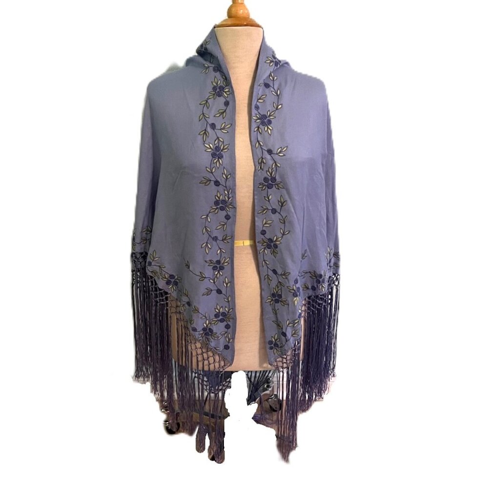 Lord and Taylor Floral Fringe Scarf Wrap Shawl Lavender Embroidered Purple